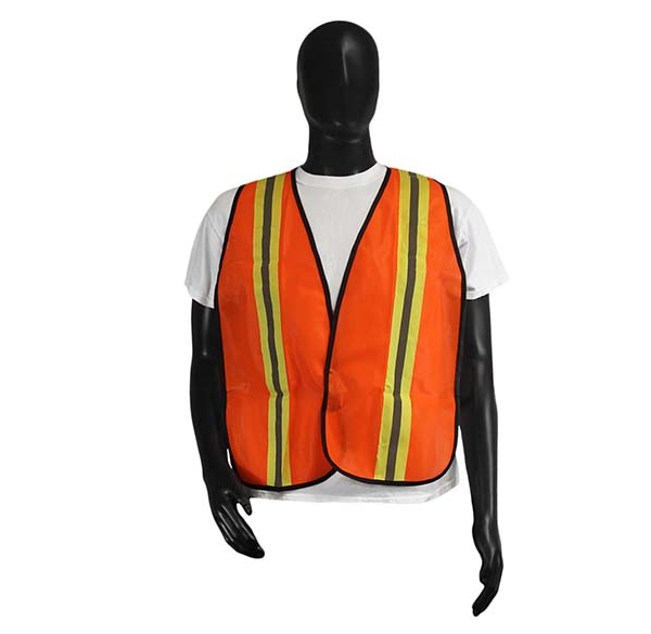 Safety Vests Class I Orange Knit Polyester, Yellow/Silver Stripes, Elastic Sides & Velcro Front