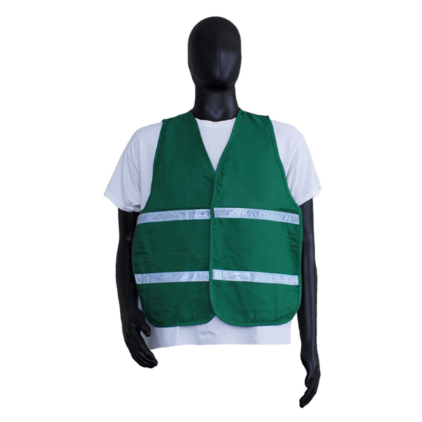 Safety Vests Class I Green Polyester, 2 Horizontal Reflective Stripes, Elastic Sides & Velcro Front [Regular & Jumbo]