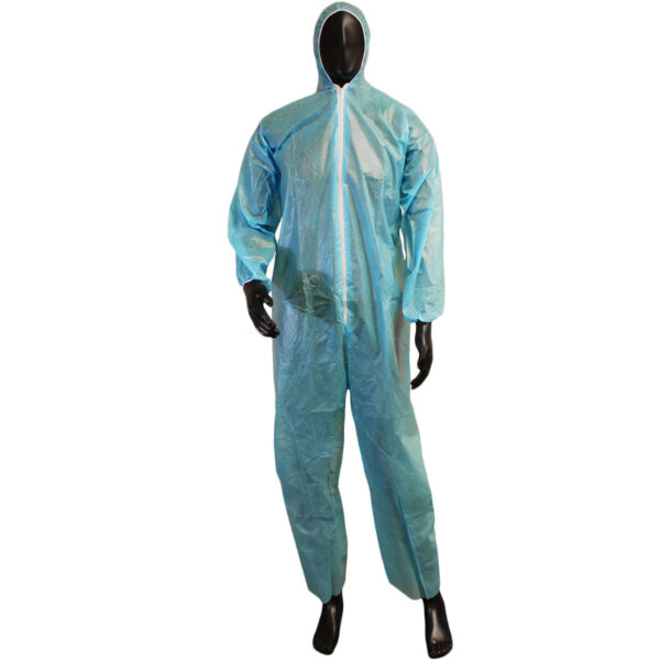 Coveralls Blue PE Coated PP Coverall, Zipper Front, Hood, Elastic Wrists [size: L-3XL]