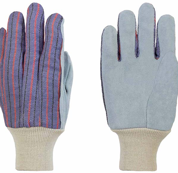 Leather Palm Gloves, Clute Patterns Shoulder Leather, Blue Fabric with Red & Black Stripes