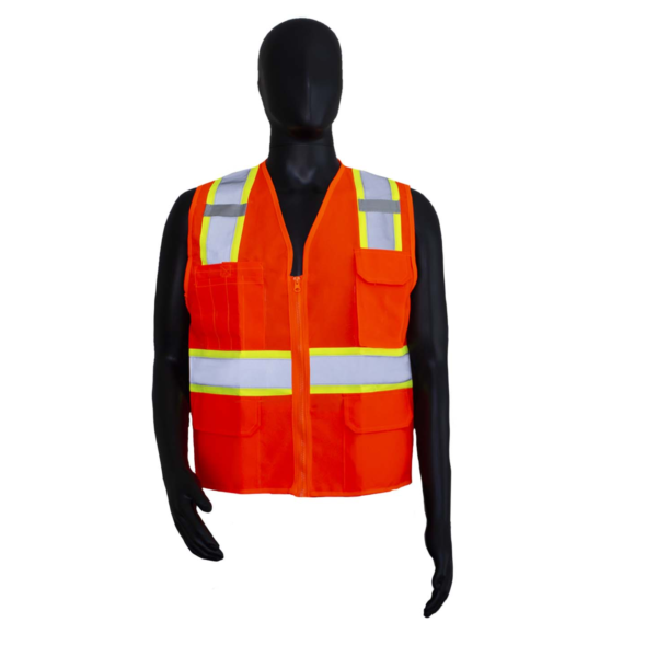 Safety Vests Class II Orange Polyester, Solid Front, Mesh Back, 4 Pockets & Zipper Front [size: S-5X]