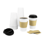 [250 sets] 16 oz White Paper Coffee Cups with Black PP Sipper Lids & Cup Jackets - Image 2