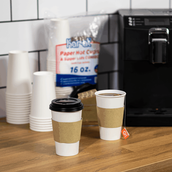 [250 sets] 16 oz White Paper Coffee Cups with Black PP Sipper Lids & Cup Jackets