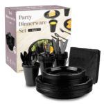 [25 sets] Black Party Dinnerware Set | Plate, Cup, Fork, Knife, Spoon, Napkin