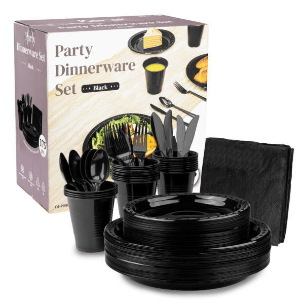 [25 sets] Black Party Dinnerware Set | Plate, Cup, Fork, Knife, Spoon, Napkin