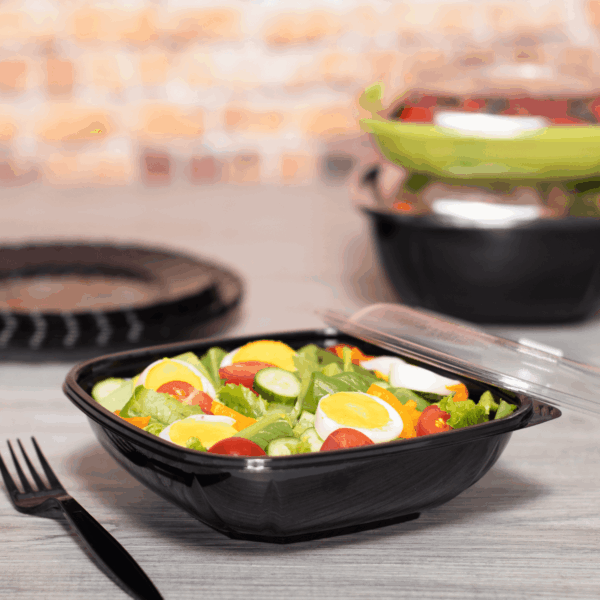 [300 ct] 32 oz Square Disposable Salad Bowl Lids | PET | Black