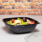 [150 ct] 64 oz Square Disposable Salad Bowl Lids | PET | Black - Image 3