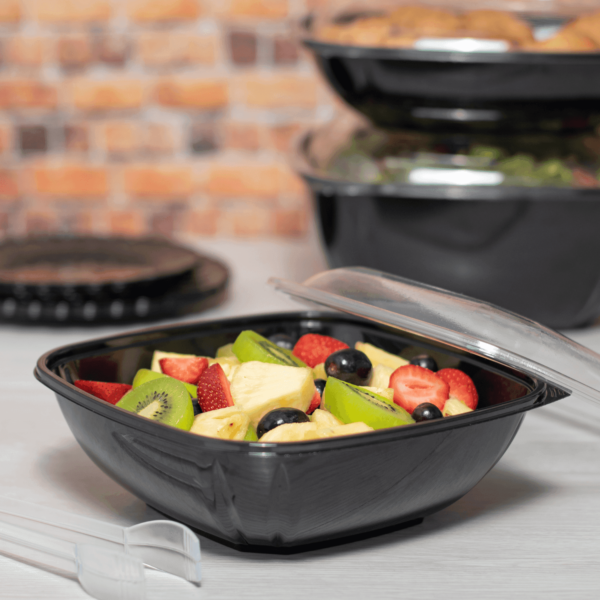 [150 ct] 64 oz Square Disposable Salad Bowl Lids | PET | Black
