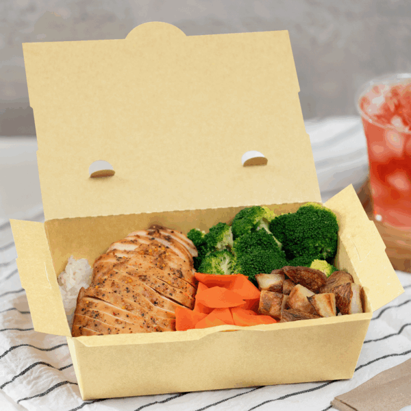 [200 ct] Paper Folding Take-Out Container | Vented Holes | 63 fl. oz | Kraft