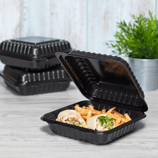 [250 ct] 8''x 8'' Hinged Food Containers | PP | Black