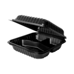 [250 ct] 8" x 8" 3-Compartment Hinged Food Containers | Black | PP - Image 2