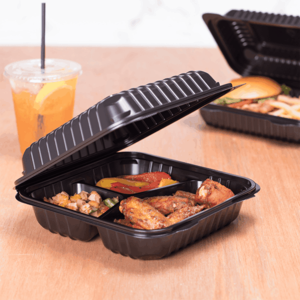 [250 ct] 8" x 8" 3-Compartment Hinged Food Containers | Black | PP