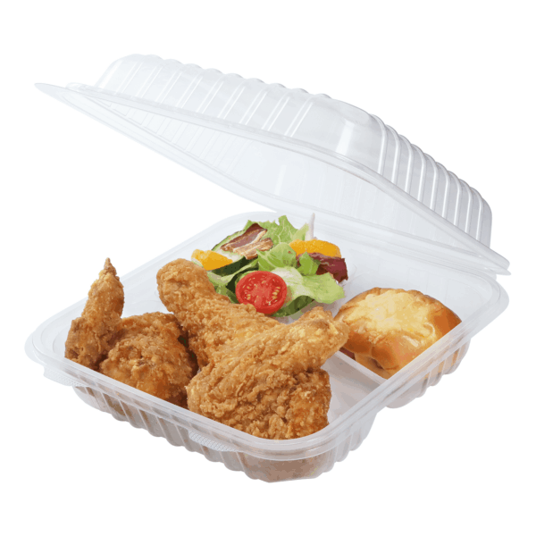 [250 ct] 8" x 8" 3-Compartment Hinged Food Containers | Clear | PP