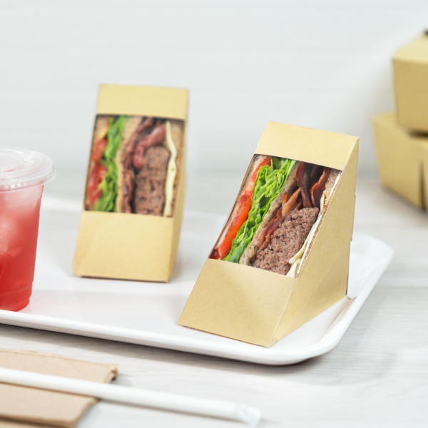 [500 ct] 19oz Paper Sandwich Wedge Container with Window, Kraft