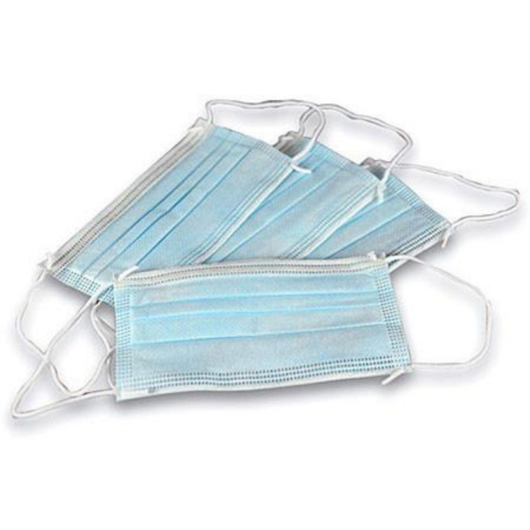 Blue 3-ply face mask box 50 count 99 percent BFE bacteria filtration fluid resistant disposable masks Packer Janitorial California wholesale.