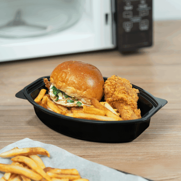 [150 sets] 32 oz PP Microwaveable Oval Food Container with Clear Lid, Black