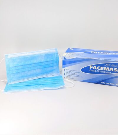 Life Guard Face Mask Case blue 3-ply polypropylene non-woven fabric 99.5 percent BFE bacteria filtration 1000 count bulk wholesale Packer Janitorial California.