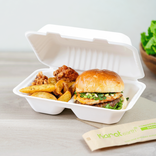 Karat Earth 2 Compartments, 9''x6'' Molded Fiber Hinged Containers, PFAS Free, White - 200 pc