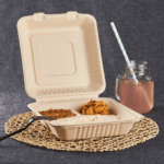 Karat Earth 3 Compartments, 9''x9'' Molded Fiber Hinged Containers, PFAS Free, Natural - 200 pcs