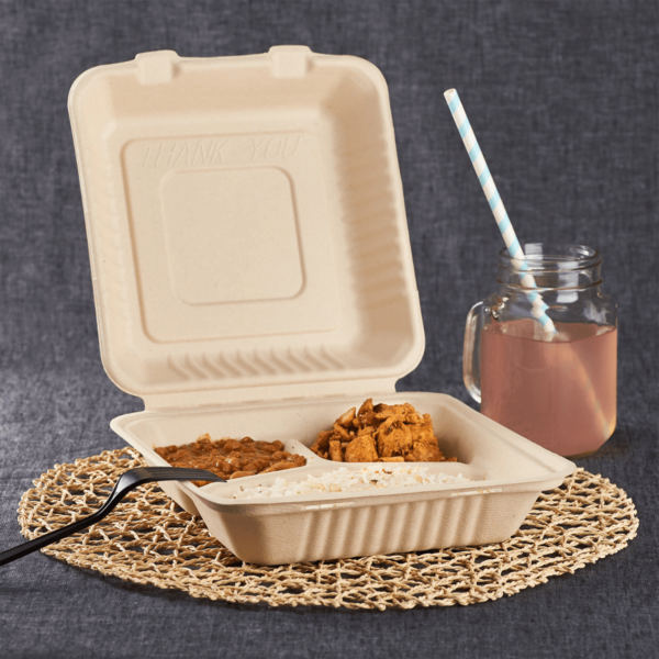 Karat Earth 3 Compartments, 9''x9'' Molded Fiber Hinged Containers, PFAS Free, Natural - 200 pcs