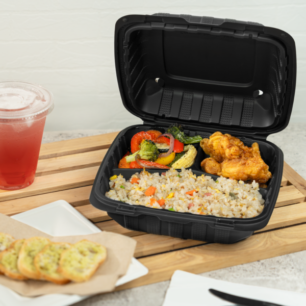 Karat Earth 8" x 8" Mineral Filled PP Hinged Container, Black, 3 compartments - 200 pcs