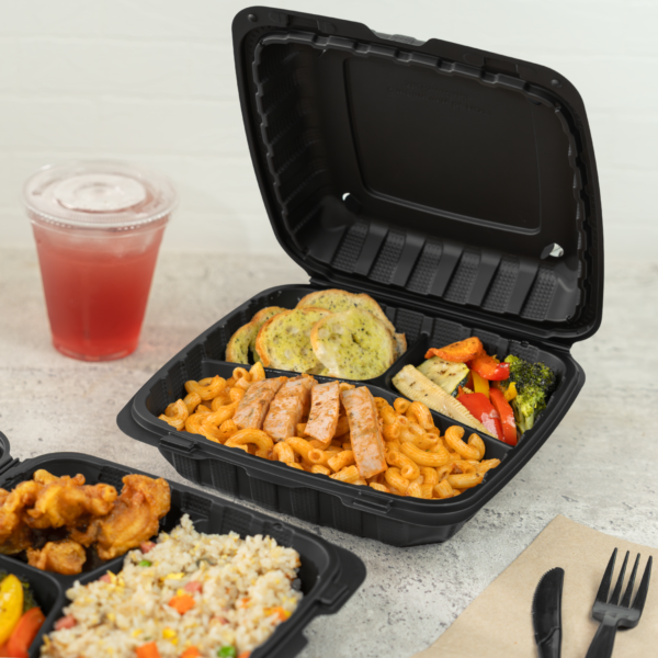 Karat Earth 9" x 9" Mineral Filled PP Hinged Container, Black, 3 compartments - 120 pcs