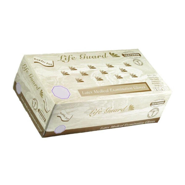 Life Guard Latex Textured Exam Gloves 6 mil heavy-duty white FDA medical grade chlorinated hand protection Packer Janitorial California wholesale.