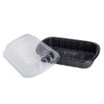 [100 ct] Half Slab Black PP Plastic Rib Container with Clear OPS lid