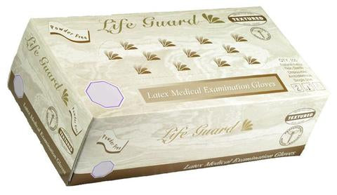 Life Guard Latex Textured Exam Gloves 6 mil heavy-duty white FDA medical grade 100 count box Packer Janitorial California wholesale.