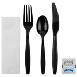 [250 sets] PS Plastic Heavy Weight Cutlery Kits with Salt and Pepper, Black