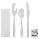 [250 sets] PS Plastic Heavy Weight Cutlery Kits with Salt and Pepper, White