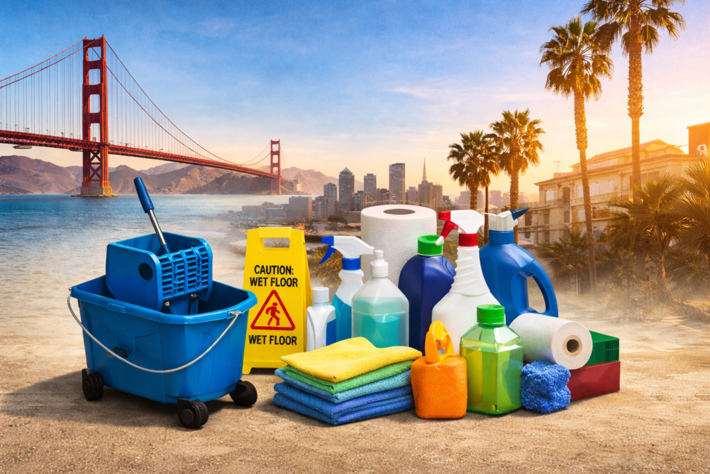 Commercial janitorial supplies near me in California including cleaning tools, chemicals, and safety equipment for California businesses
